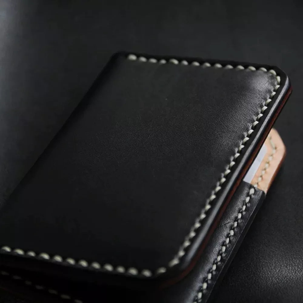 Black Leather Cardholder Wallet - Handmade Business RFID Blocking Card Case For Men