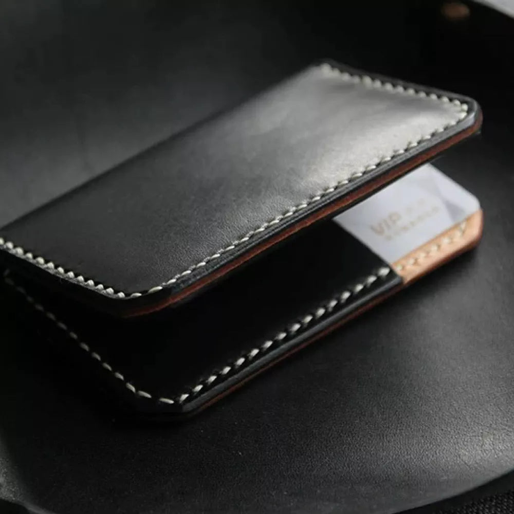 Black Leather Cardholder Wallet - Handmade Business RFID Blocking Card Case For Men