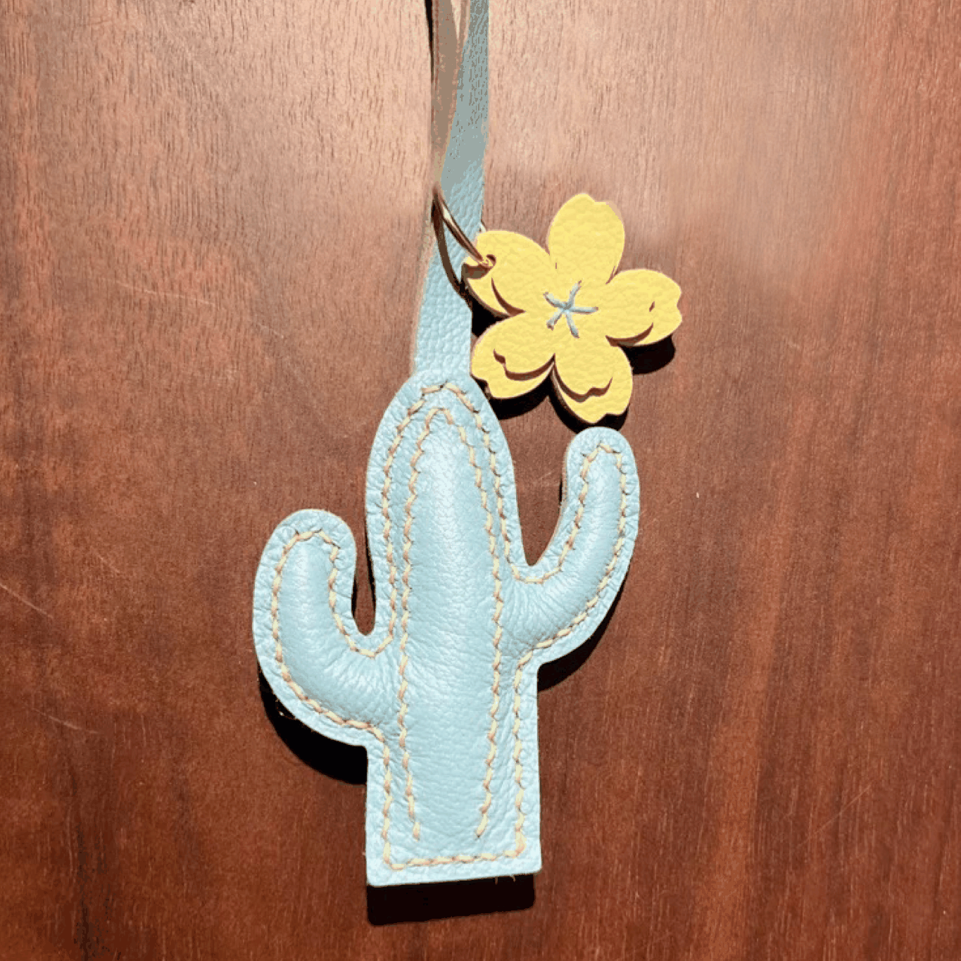 Leather Bag Charm - Handmade Blue Desert Cactus Keychain | WittyWilding