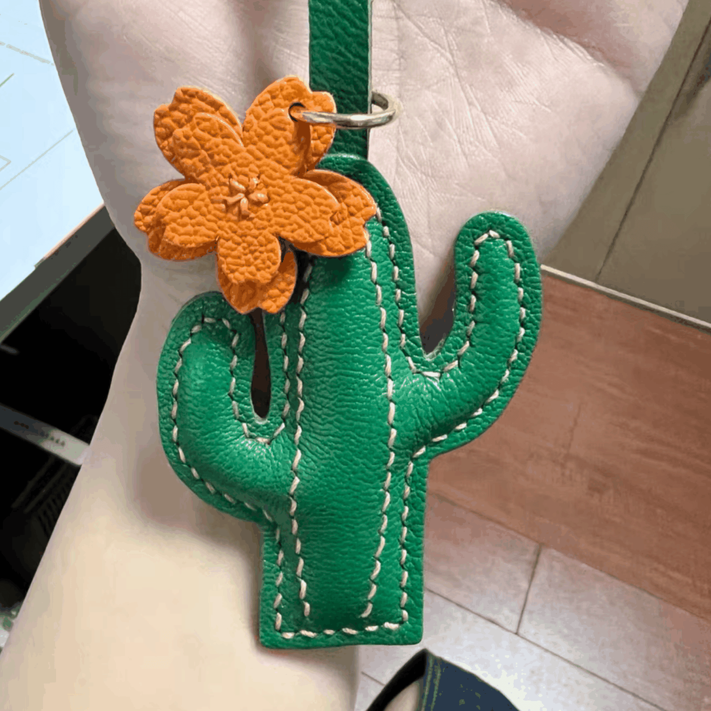 Leather Bag Charm - Handmade Desert Cactus Keychain | WittyWilding