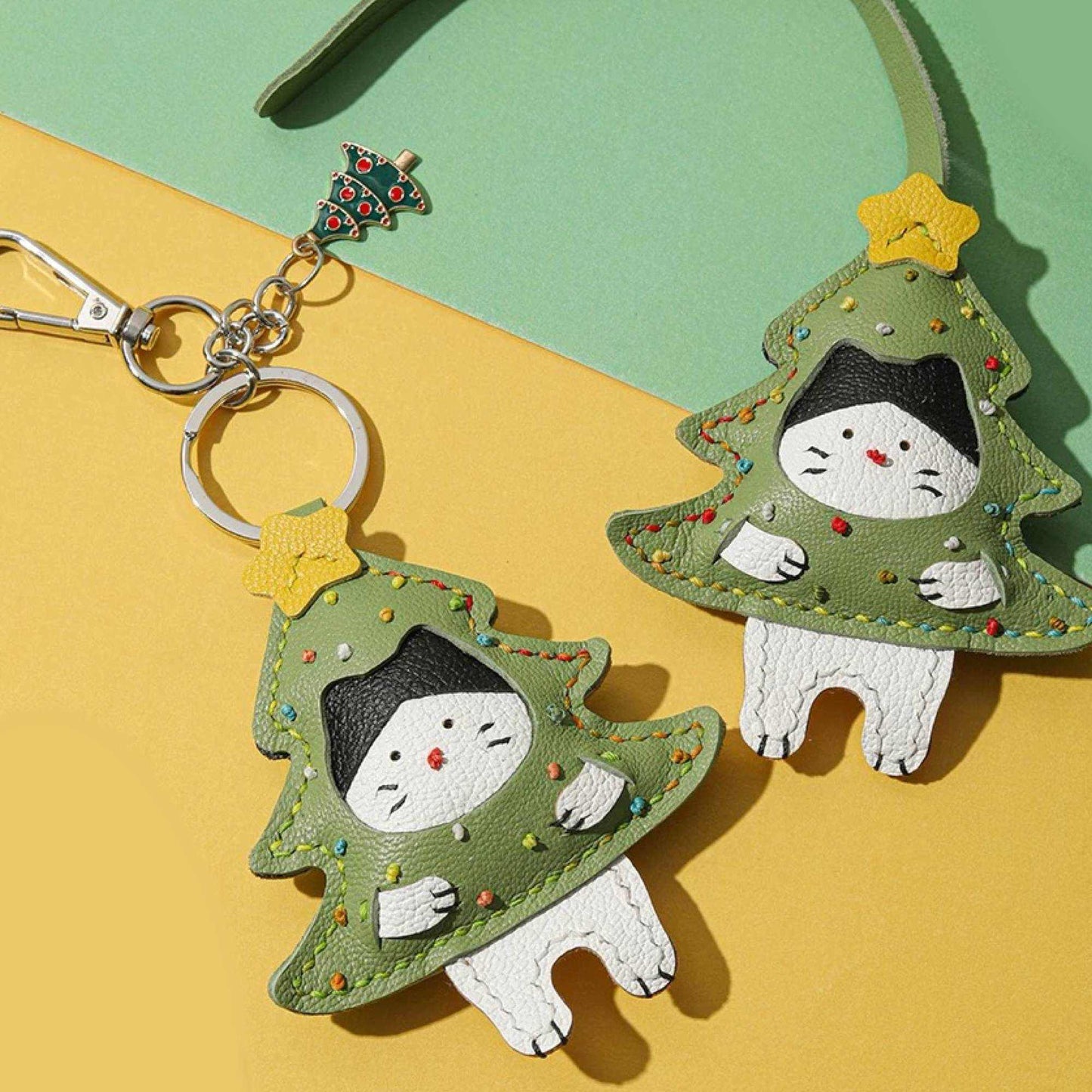 Cat Keychain - Handmade Leather Christmas Tree Kitty | WittyWilding