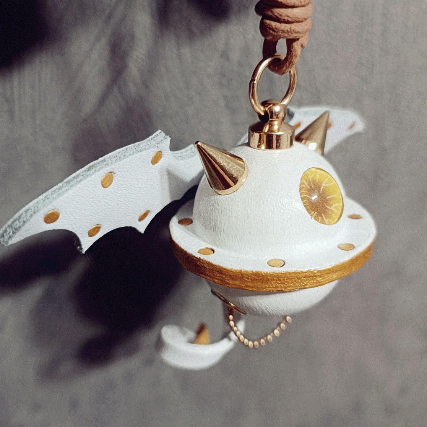Leather Bag Charm – Fantasy Monster Eye / Demon Bell Keychain - White