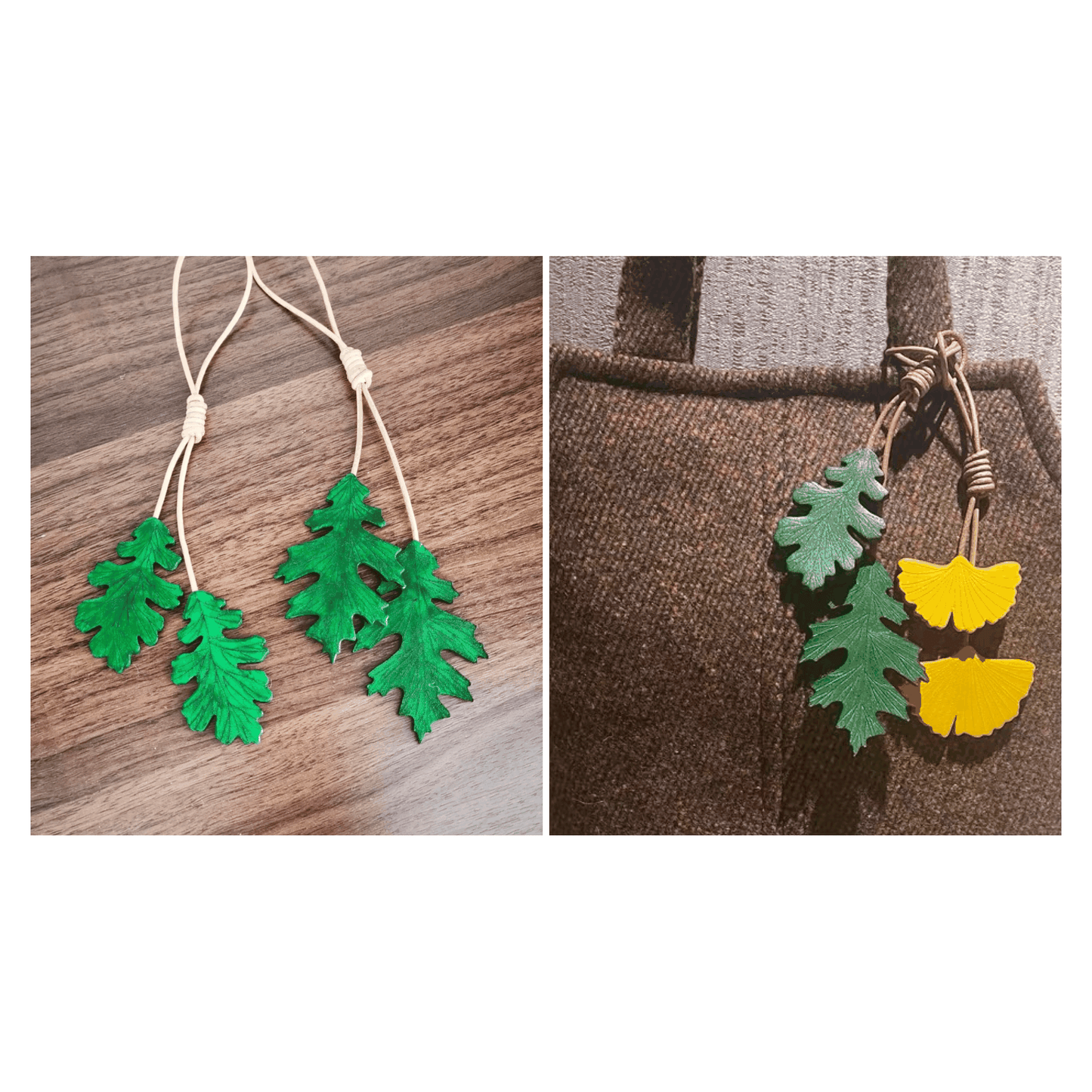 Leather Bag Charm - Green Oak Tree Leaves Keychain | WittyWilding