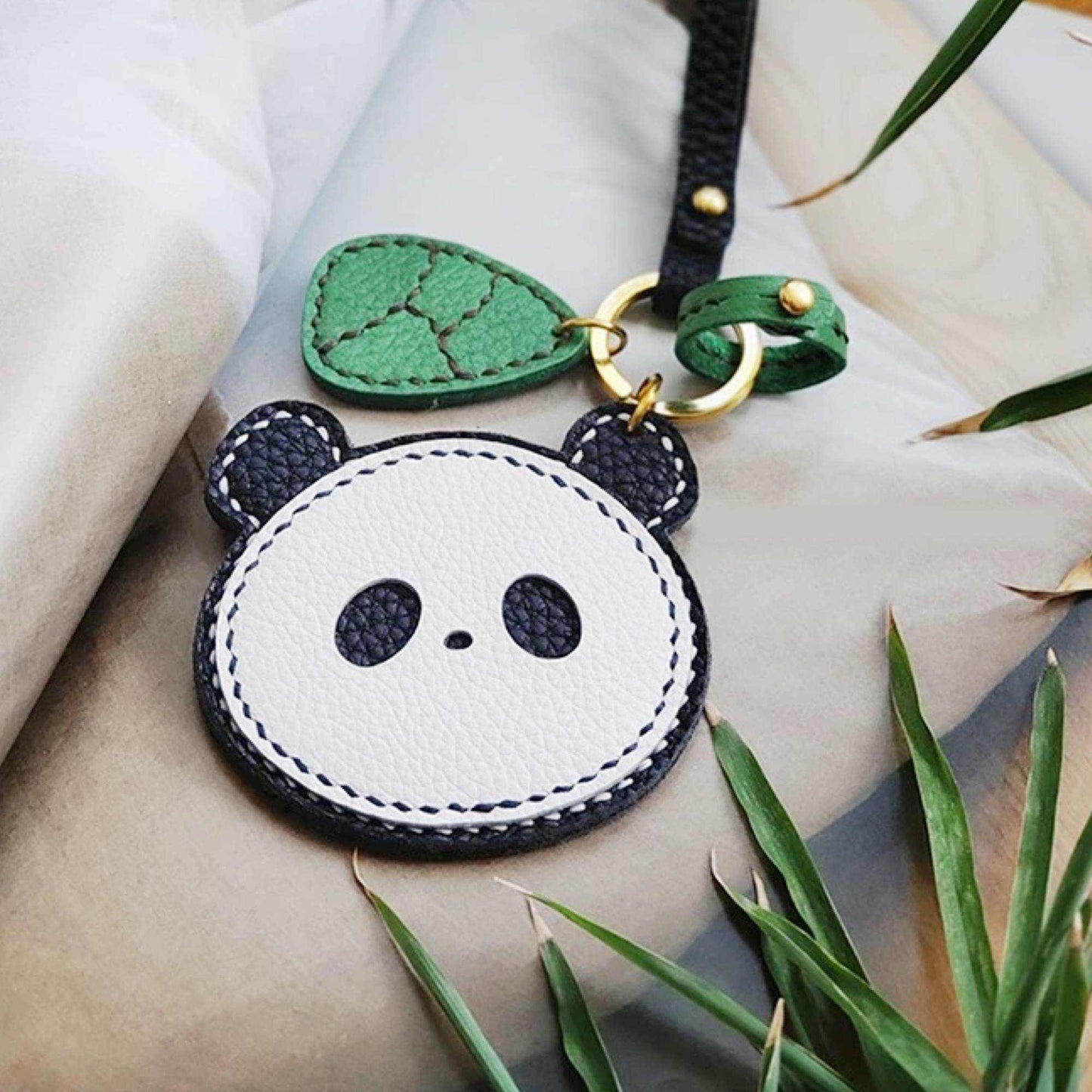 Panda Keychain - Handmade Leather Panda with Bamboo | WittyWilding