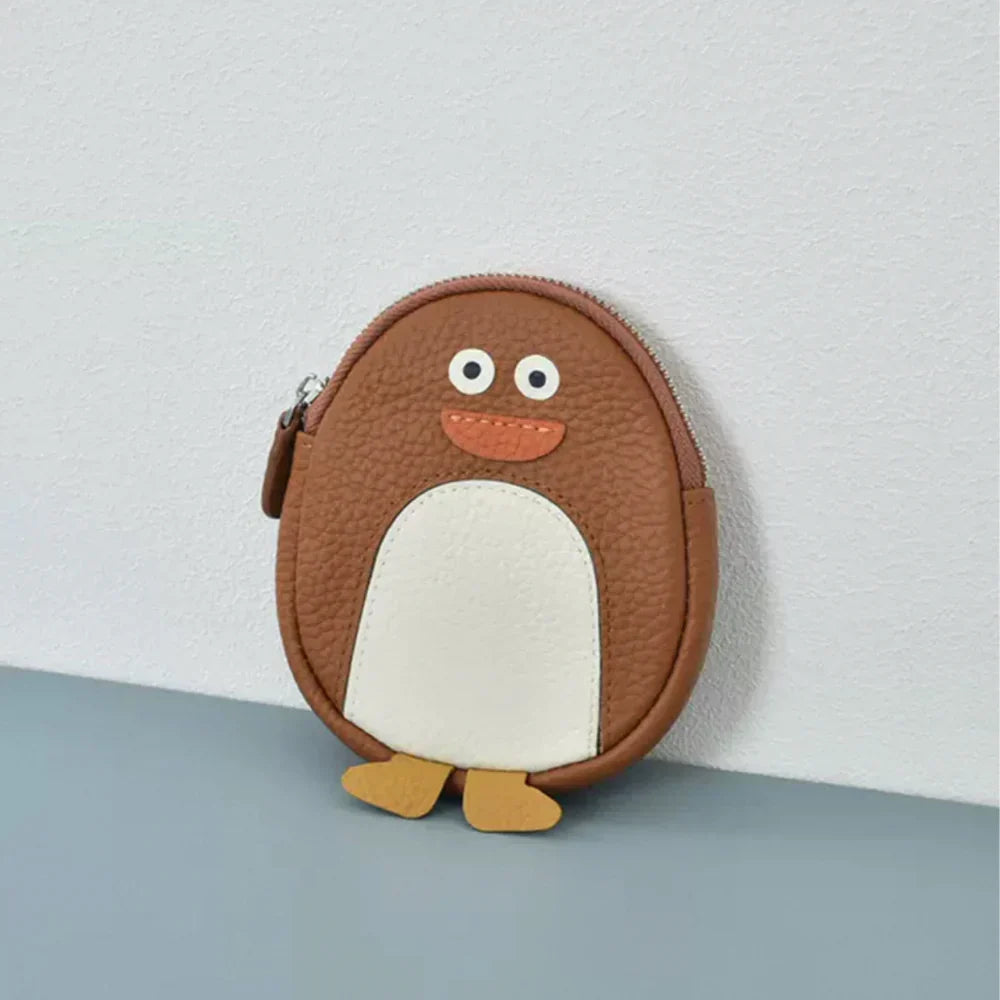 Penguin-Shaped Leather Keychain Wallet – Brown Purse For Animal Lovers, Cute Travel Accessory