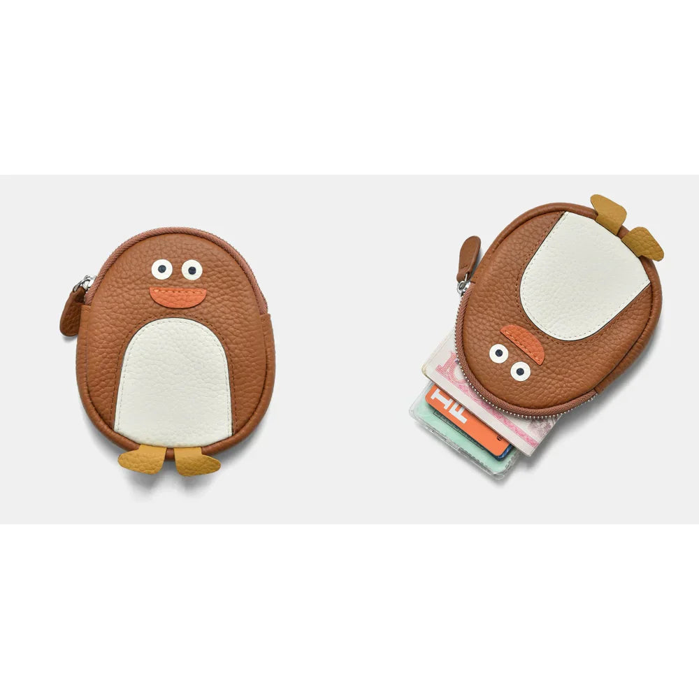 Penguin-Shaped Leather Keychain Wallet – Brown Purse For Animal Lovers, Cute Travel Accessory