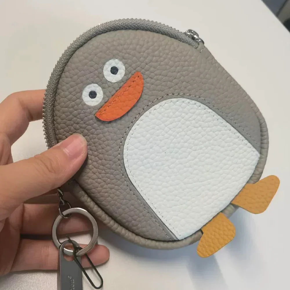 Penguin-Shaped Leather Keychain Wallet – Taupe Purse For Animal Lovers, Cute Travel Accessory