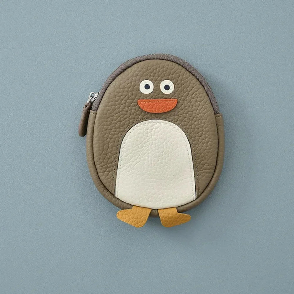 Penguin-Shaped Leather Keychain Wallet – Taupe Purse For Animal Lovers, Cute Travel Accessory