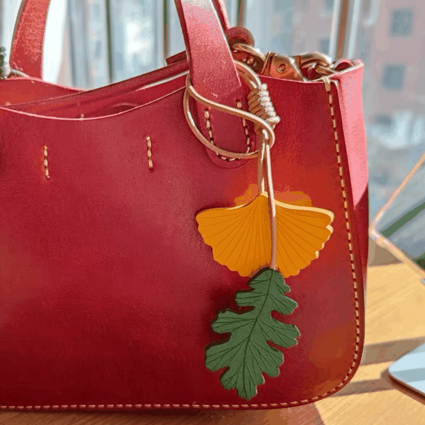 Leather Bag Charm - Handmade Ginkgo, Oak Leaf keychainļ½WittyWilding