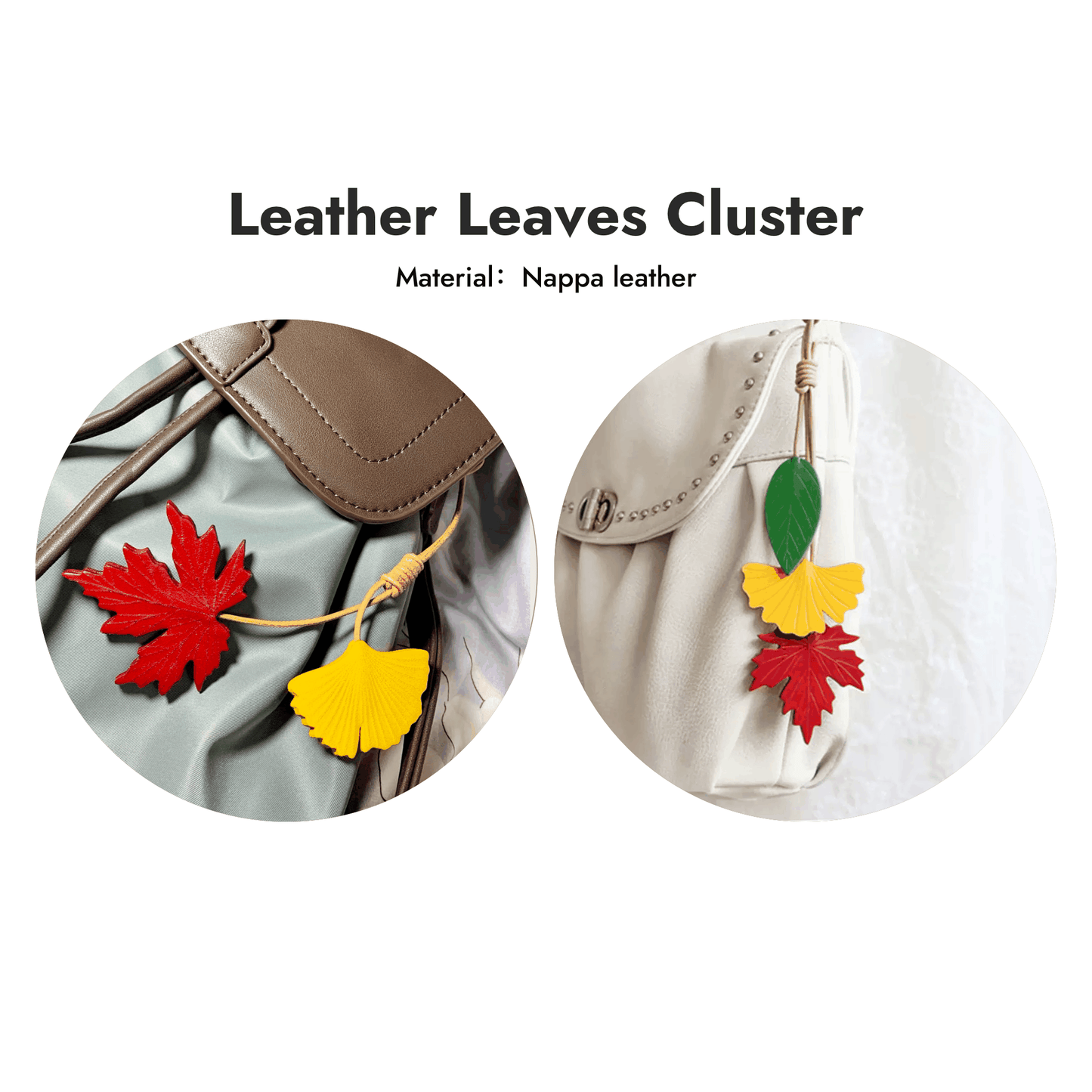 Leather Bag Charm - Handmade Green leaf, Ginkgo, Red Maple Leaf | WittyWilding