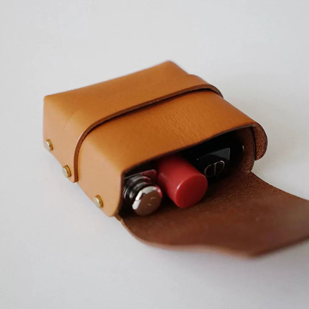 Leather Lipstick Case- Hand-Stitched Chapstick Holder & Mini Cosmetic Pouch