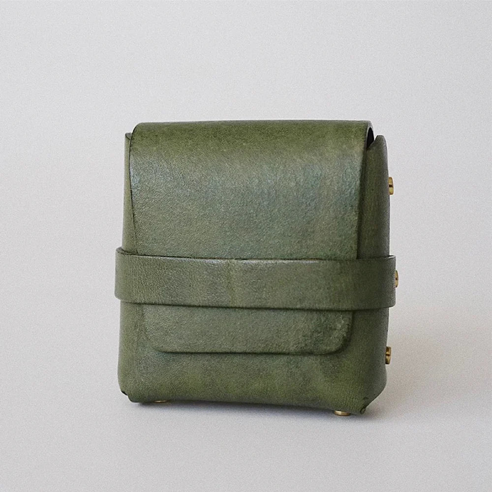Olive Green Leather Lipstick Case- Hand-Stitched Chapstick Holder & Mini Cosmetic Pouch