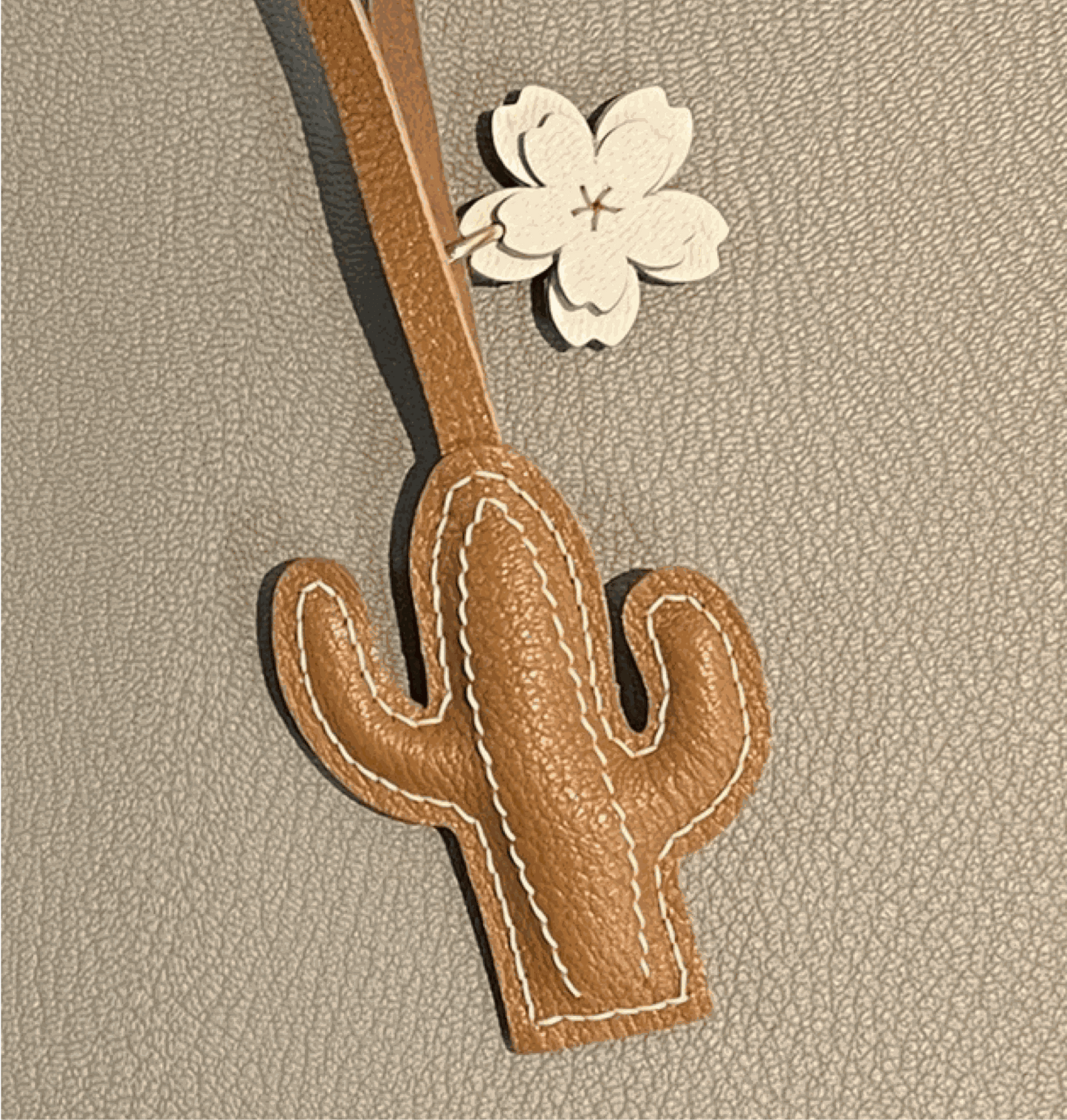 Leather Bag Charm - Handmade Brown Desert Cactus Keychain | WittyWilding