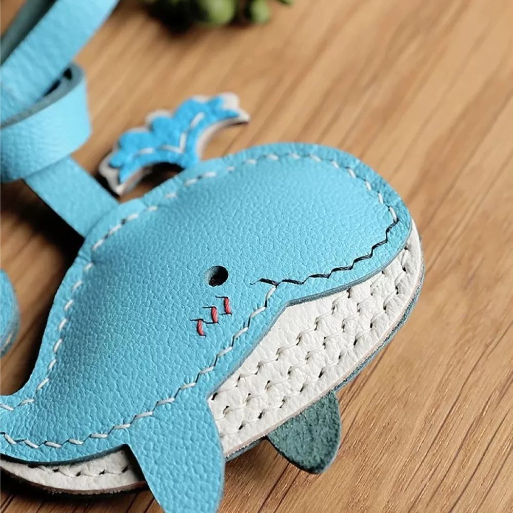 Handmade Leather Blue Whale Keychain For Ocean Lover