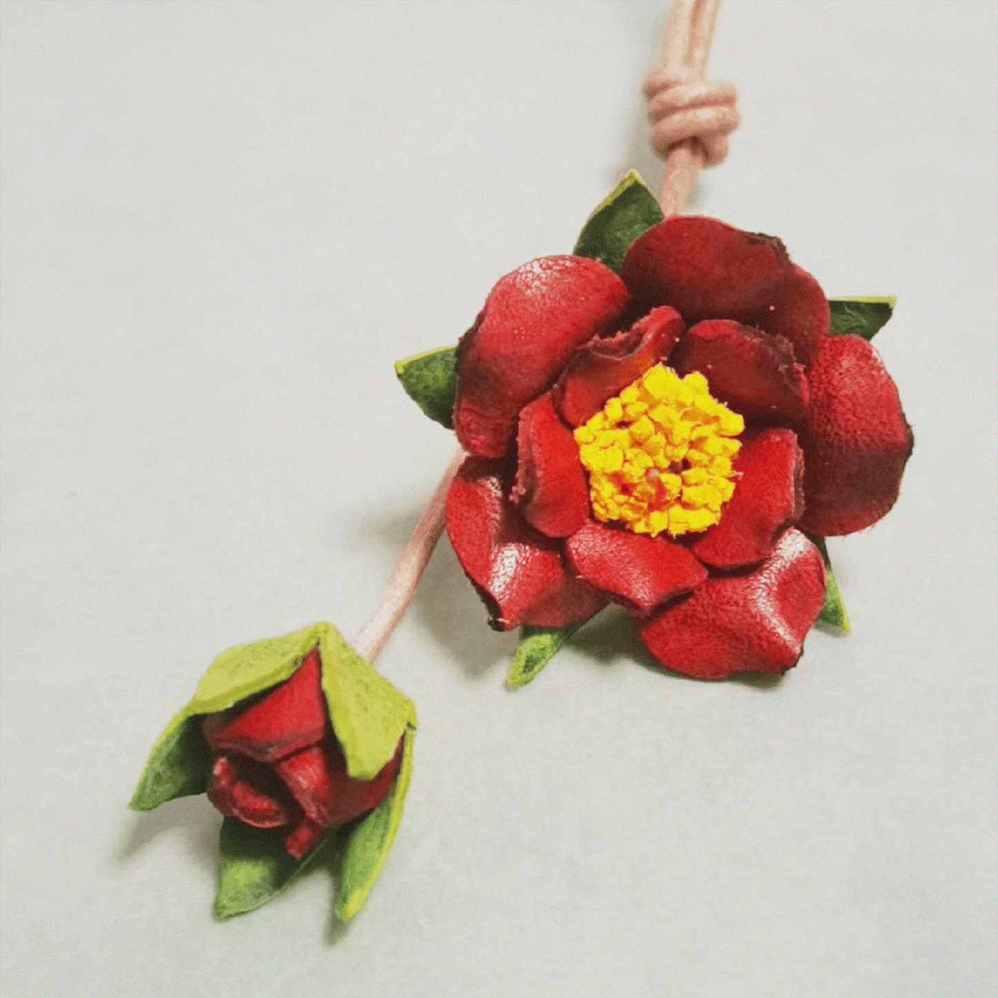 Leather Bag Charm – Red Camellia Flower Keychain For Nature Lover | WittyWilding