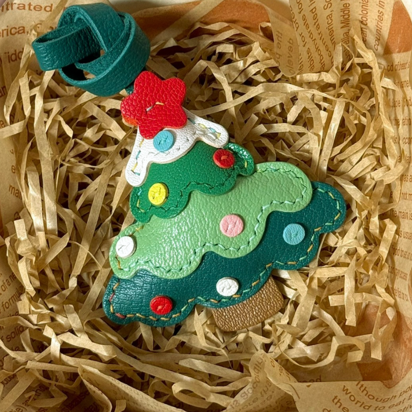 Leather Bag Charm - Colorful Christmas Tree Keychain