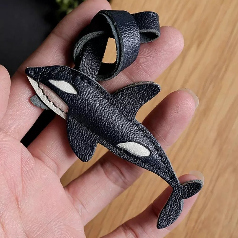 Handmade Orcas Leather Bag Charm Gift | Leather Killer Whale Keychain
