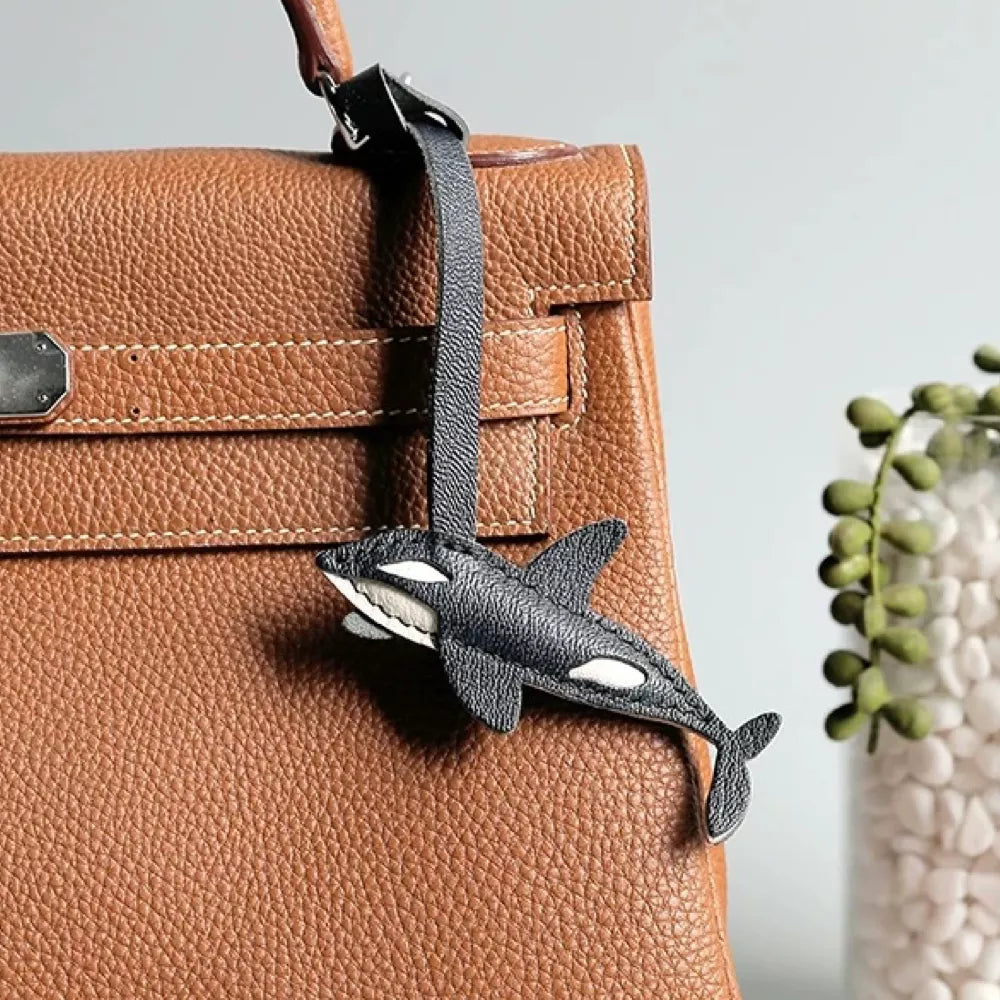 Handmade Orcas Leather Bag Charm Gift | Leather Killer Whale Keychain