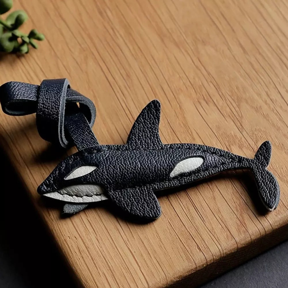 Handmade Orcas Leather Bag Charm Gift | Leather Killer Whale Keychain