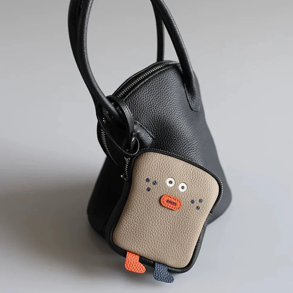 Leather Keychain Wallet - Black Whimsical Sliced Bread Purse | Top-Grain Leather Foodie Gift