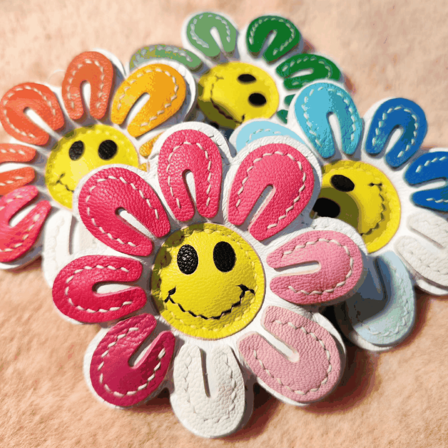 Leather Bag Charm - Handmade Colorful Smile Sunflower Keychain- WittyWilding