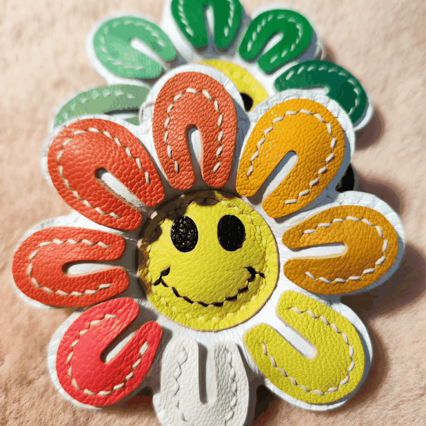 Leather Bag Charm - Handmade Colorful Smile Sunflower Keychain- WittyWilding
