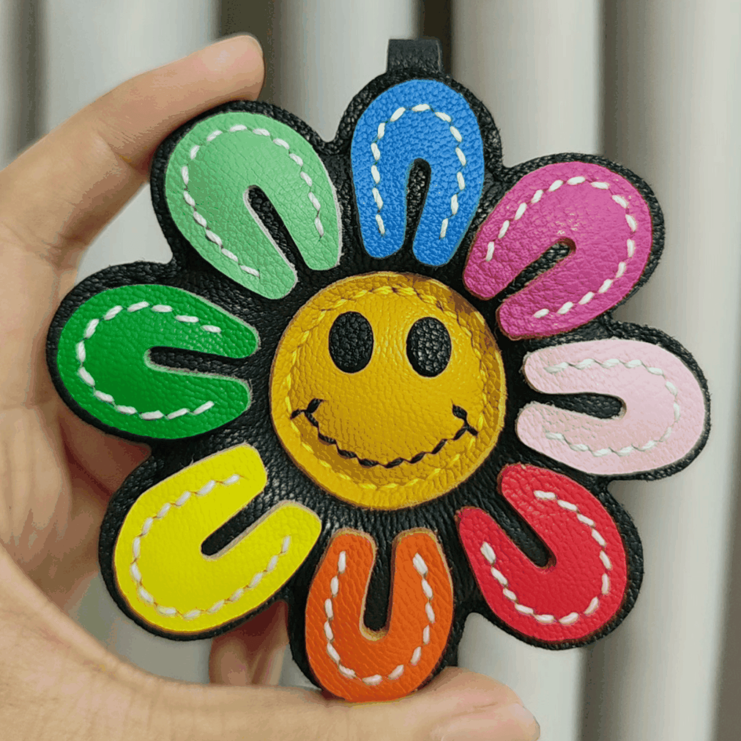 Leather Bag Charm - Handmade Colorful Smile Sunflower Keychain- WittyWilding