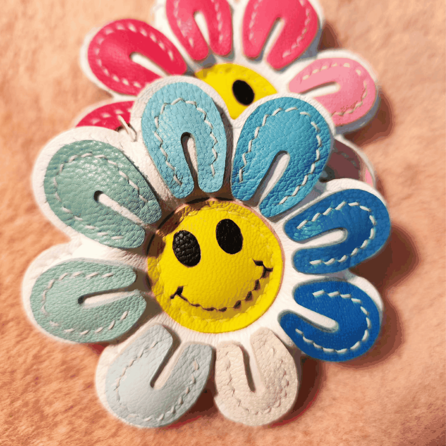 Leather Bag Charm - Handmade Colorful Smile Sunflower Keychain- WittyWilding
