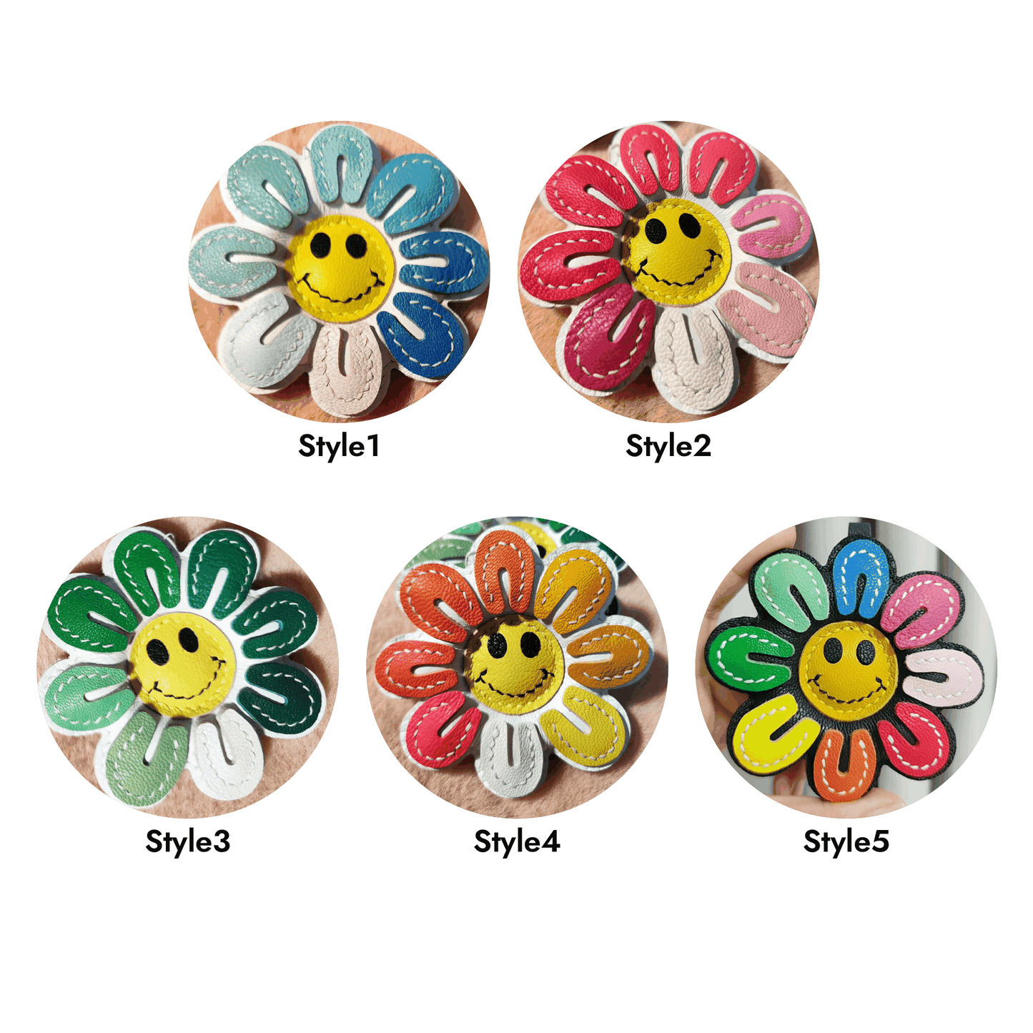 Leather Bag Charm - Handmade Colorful Smile Sunflower Keychain- WittyWilding