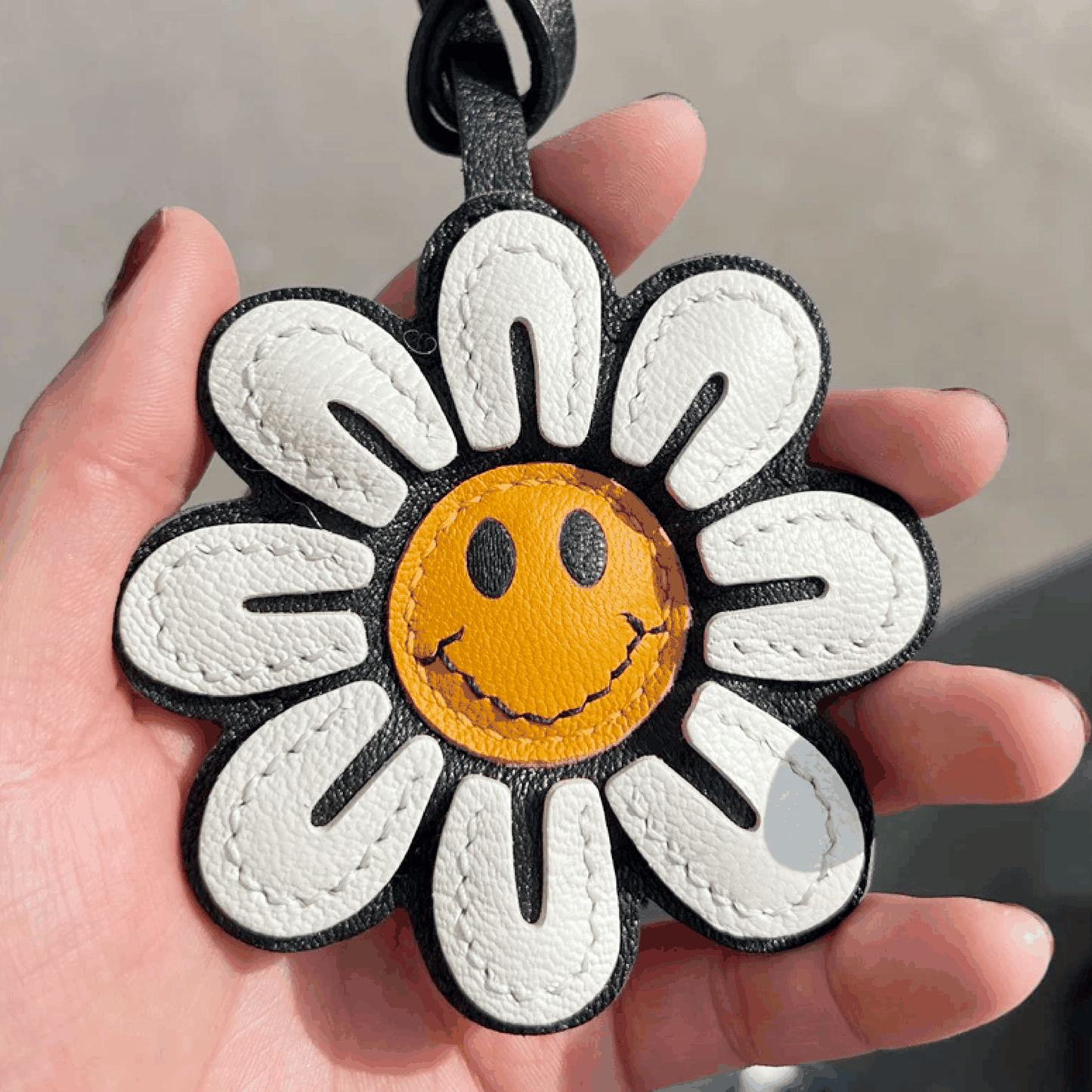 Leather Bag Charm - Handmade Smile Sunflower keychain - WittyWilding