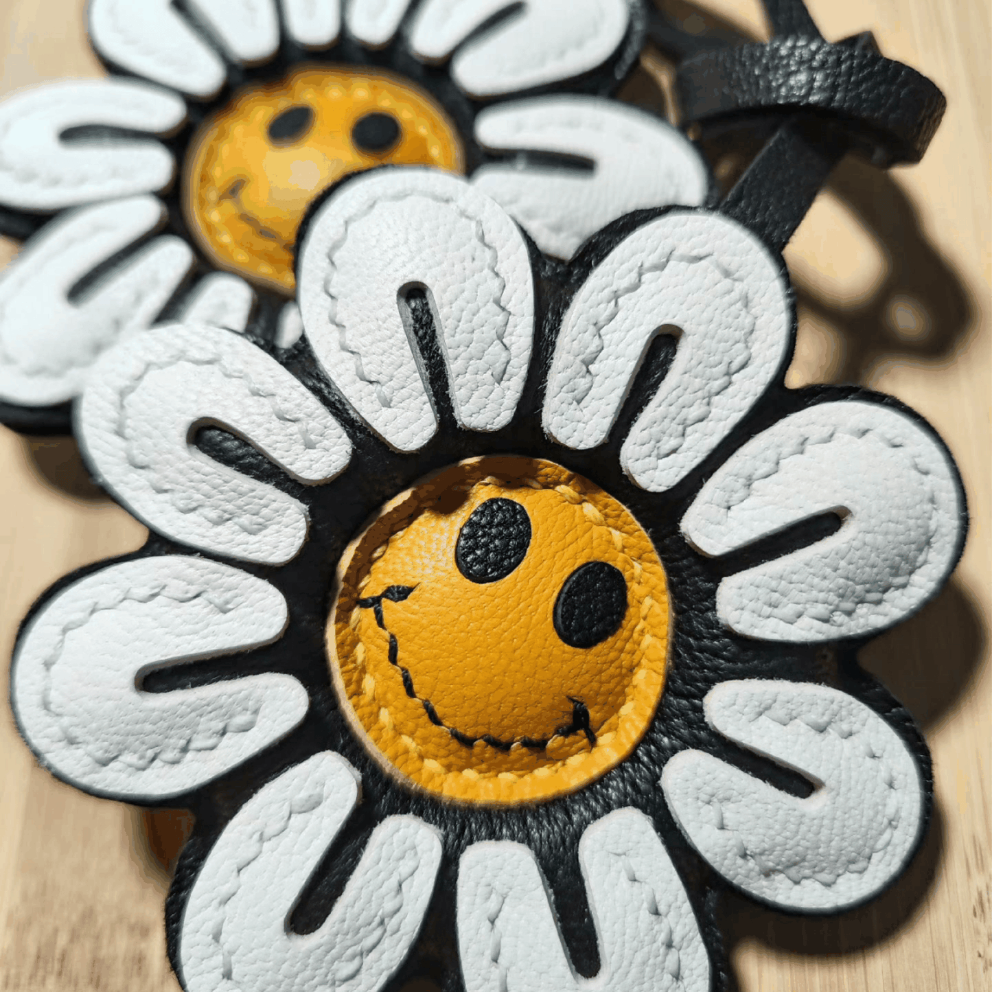 Leather Bag Charm - Handmade Smile Sunflower keychain - WittyWilding