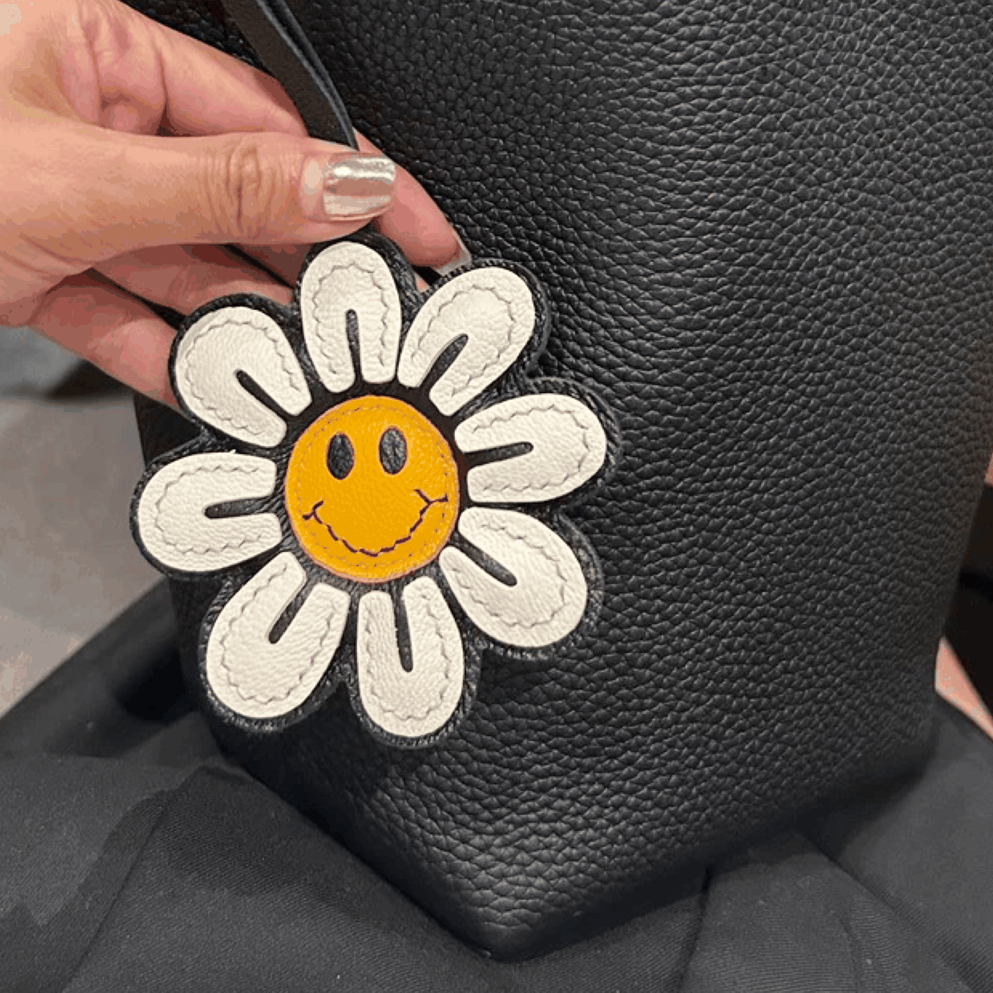 Leather Bag Charm - Handmade Smile Sunflower keychain - WittyWilding