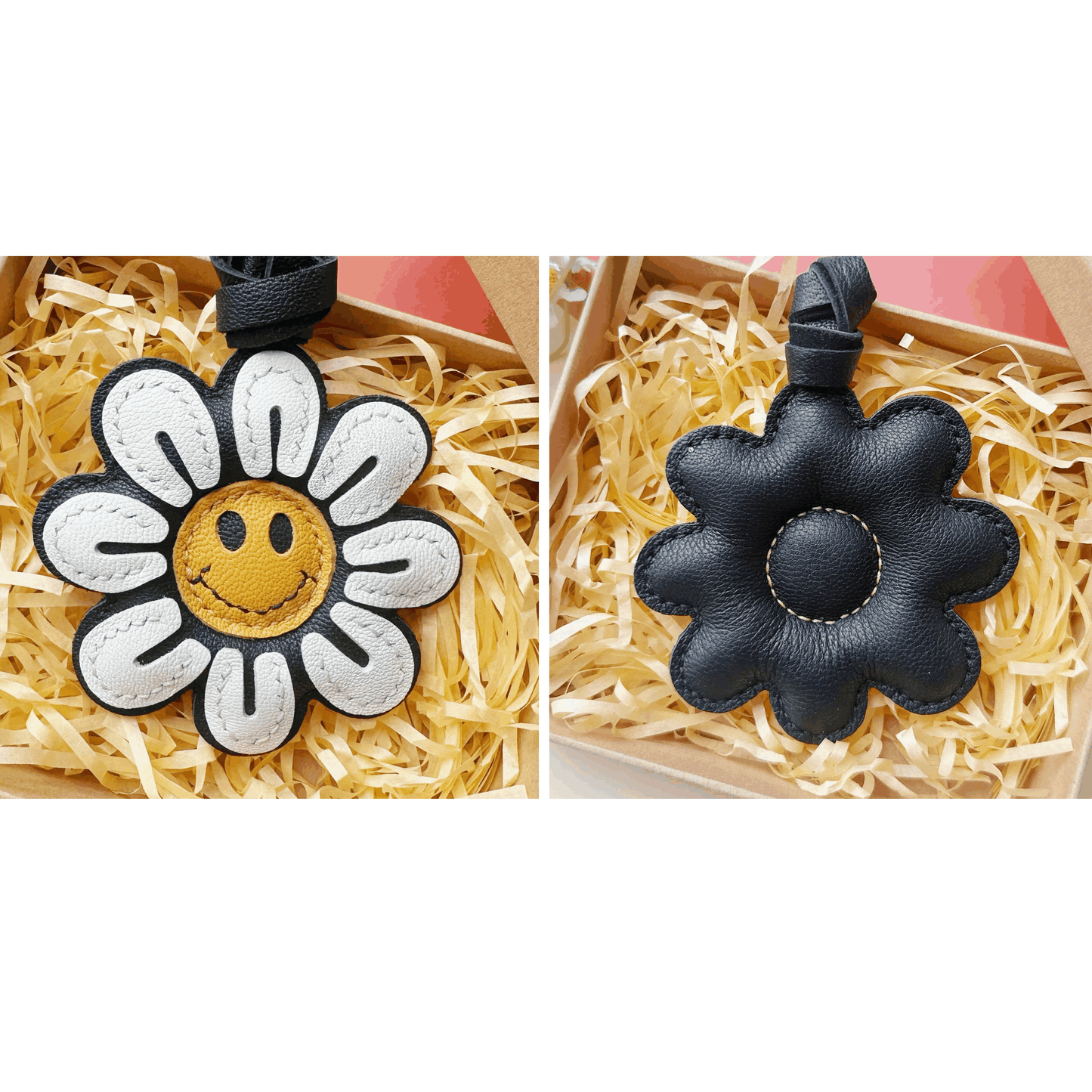 Leather Bag Charm - Handmade Smile Sunflower keychain - WittyWilding