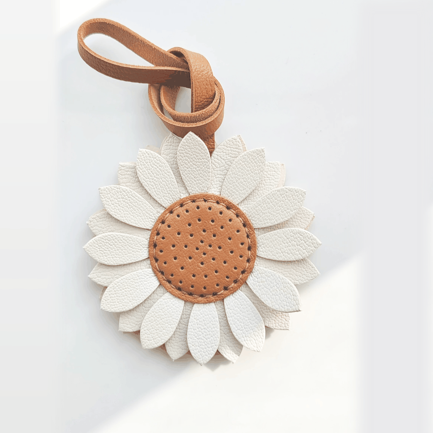 Leather Bag Charm - White Sunflower Keychain for Nature Lover | WittyWilding