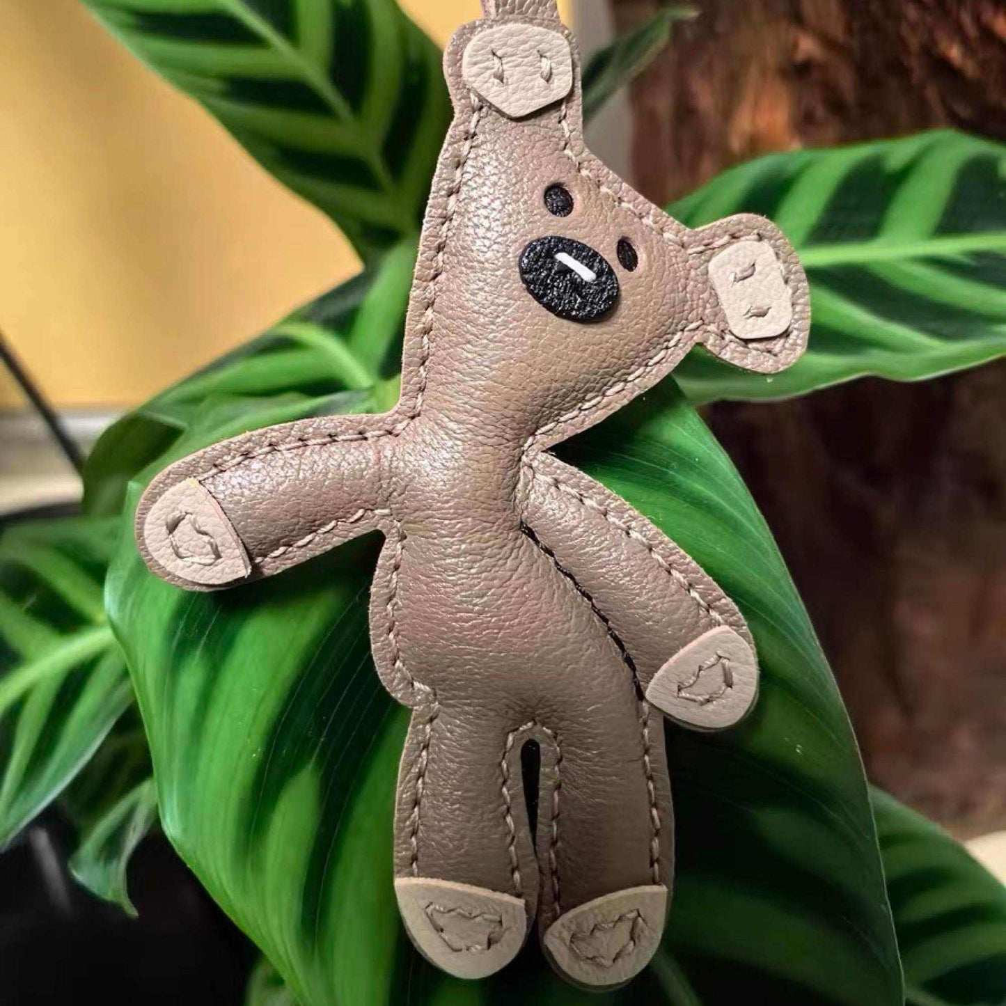 Bear Keychain - Handcrafted Taupe Leather Teddy Bear Gift | WittyWilding