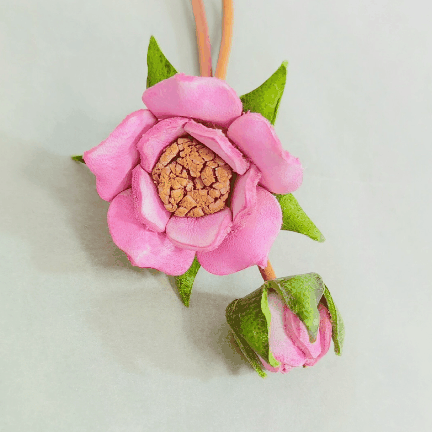 Leather Bag Charm – Pink Camellia Flower Keychain For Nature Lover | WittyWilding