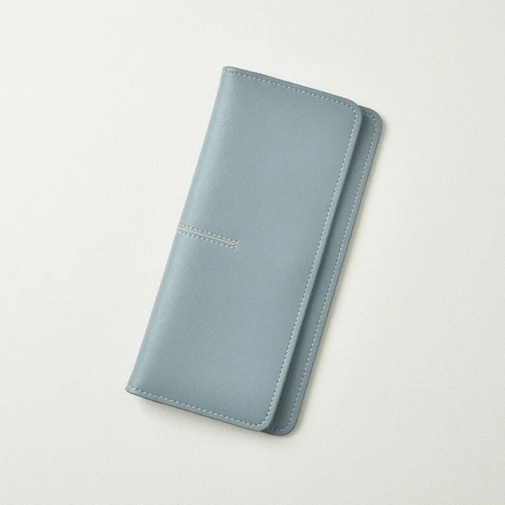 Light Blue Long Leather Wallet - French-Inspired leather Slim Card Holder