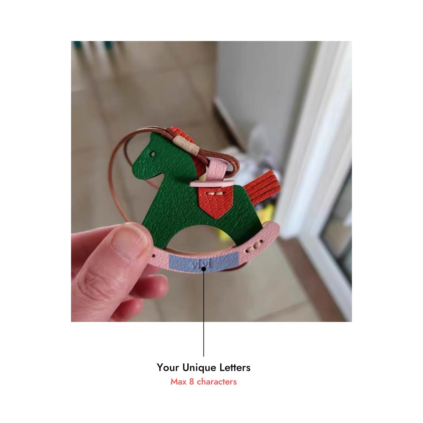 Colgante de cuero personalizado para bolso con forma de caballo balancín