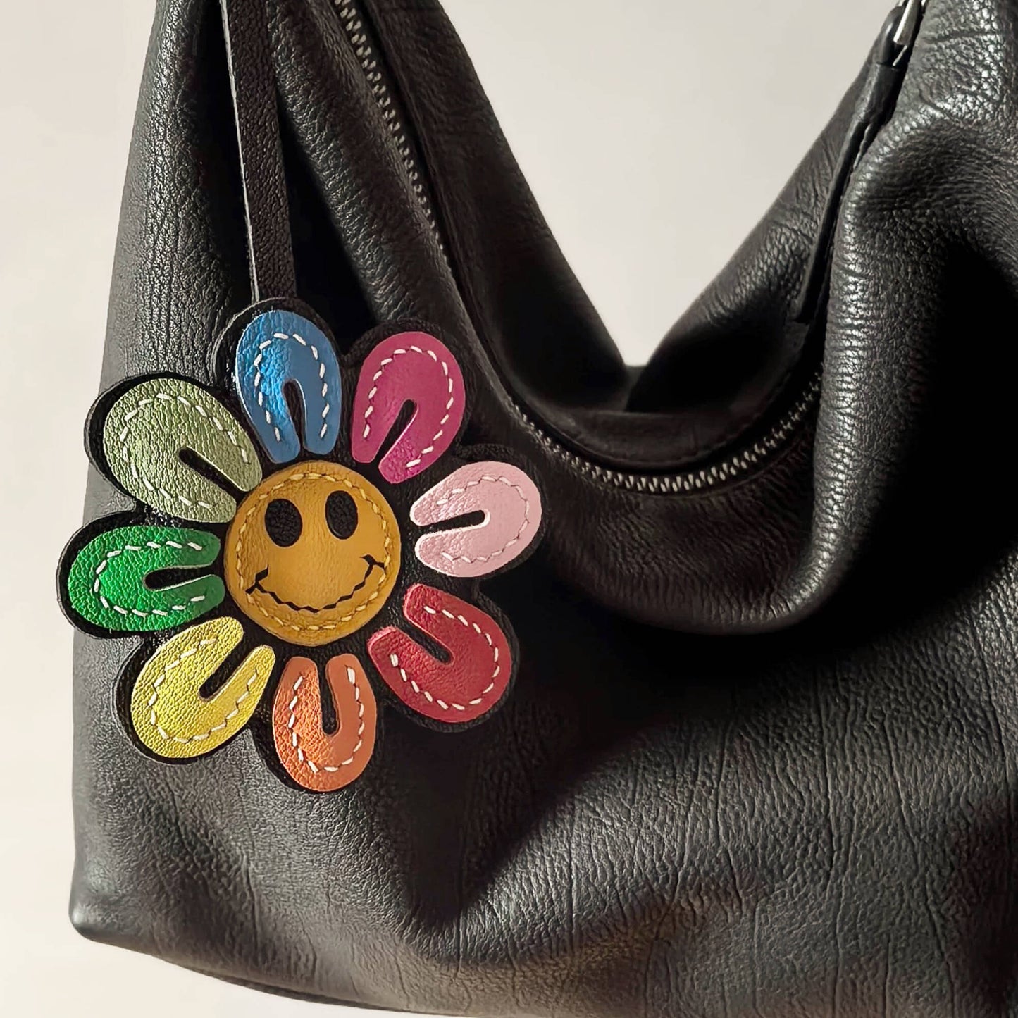 Leather Bag Charm - Colorful Smile Sunflower Keychain For Nature Lover