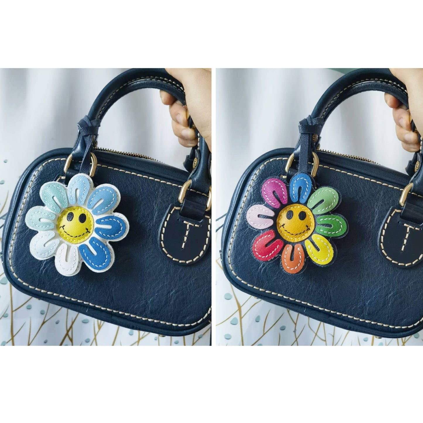 Leather Bag Charm - Colorful Smile Sunflower Keychain For Nature Lover