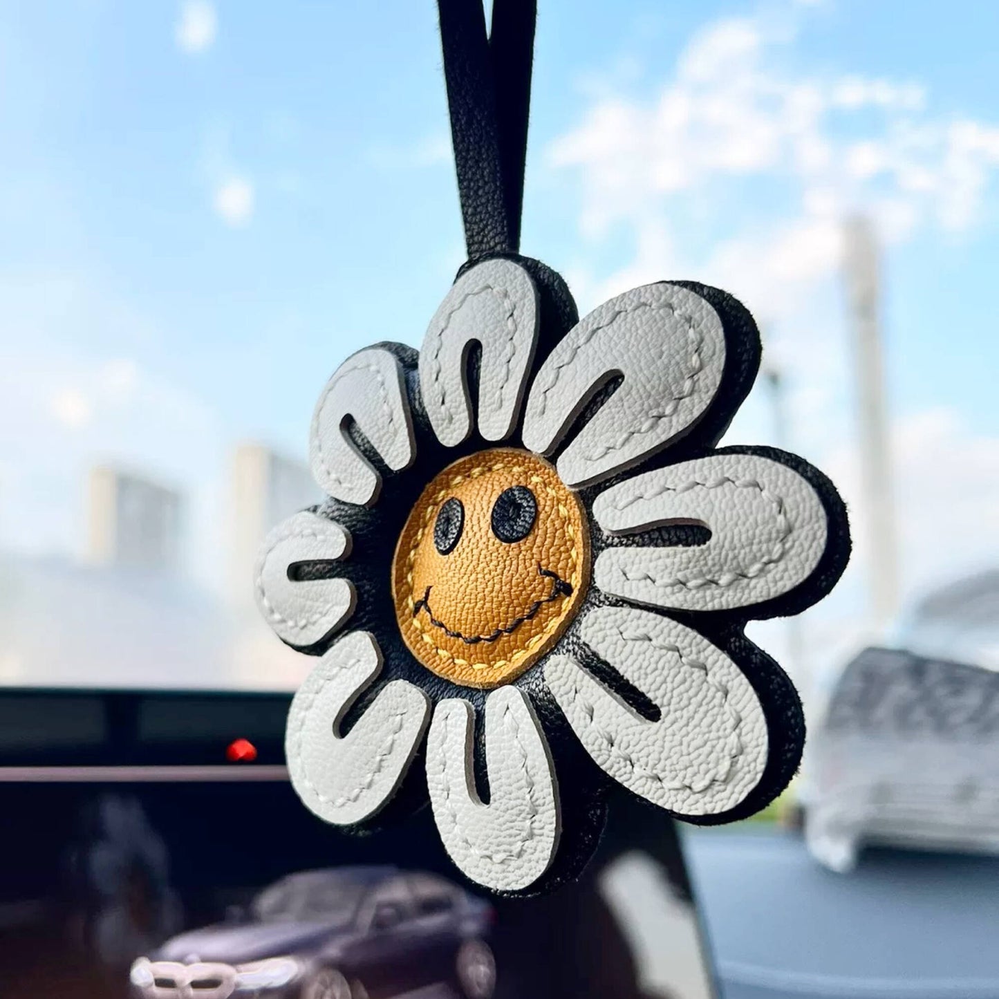Leather Bag Charm - Smile Sunflower keychain - Sunflower Pendant