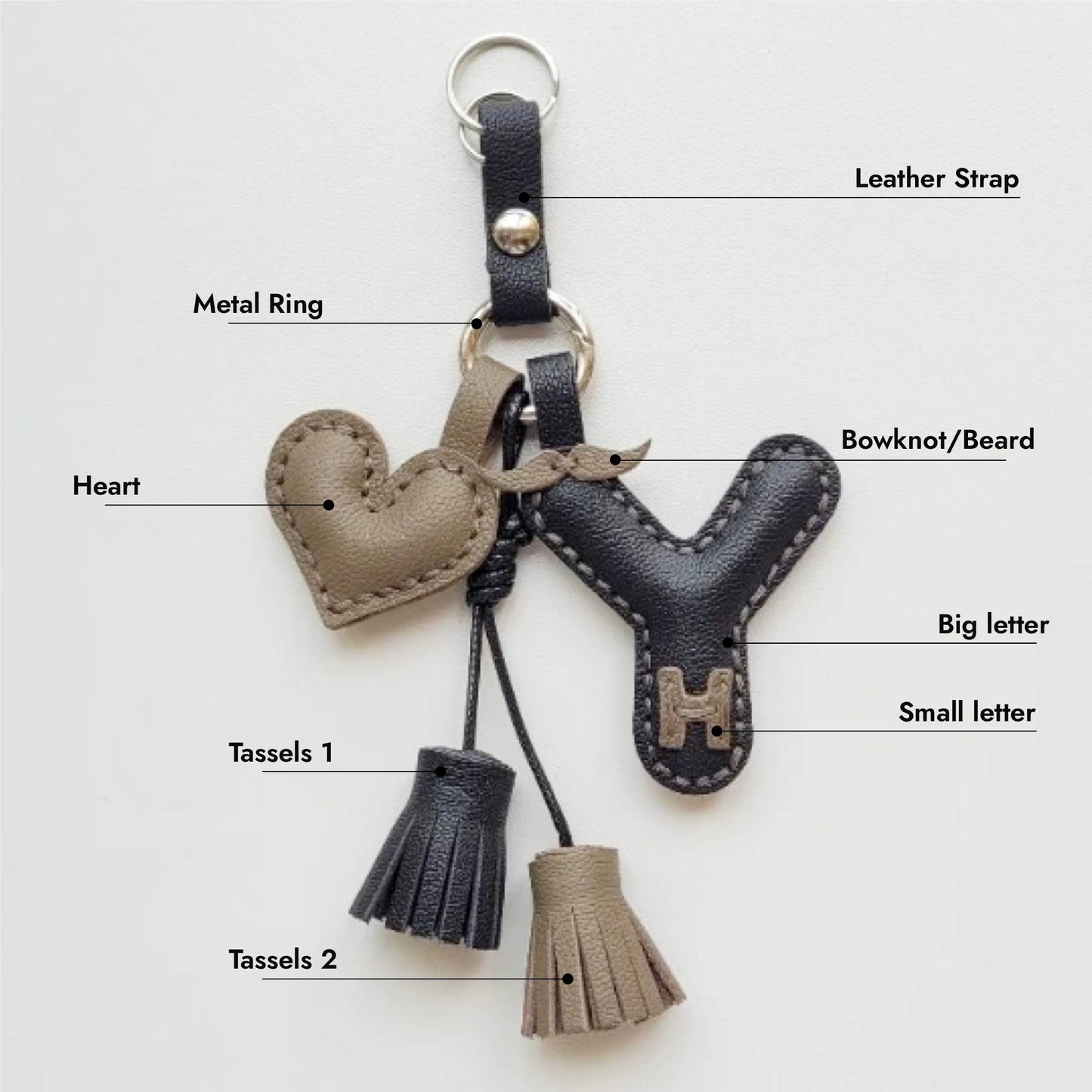 Customized Letter Bag Charm - Leather Alphabet Keychain with Beard & Bowknot | WittyWilding