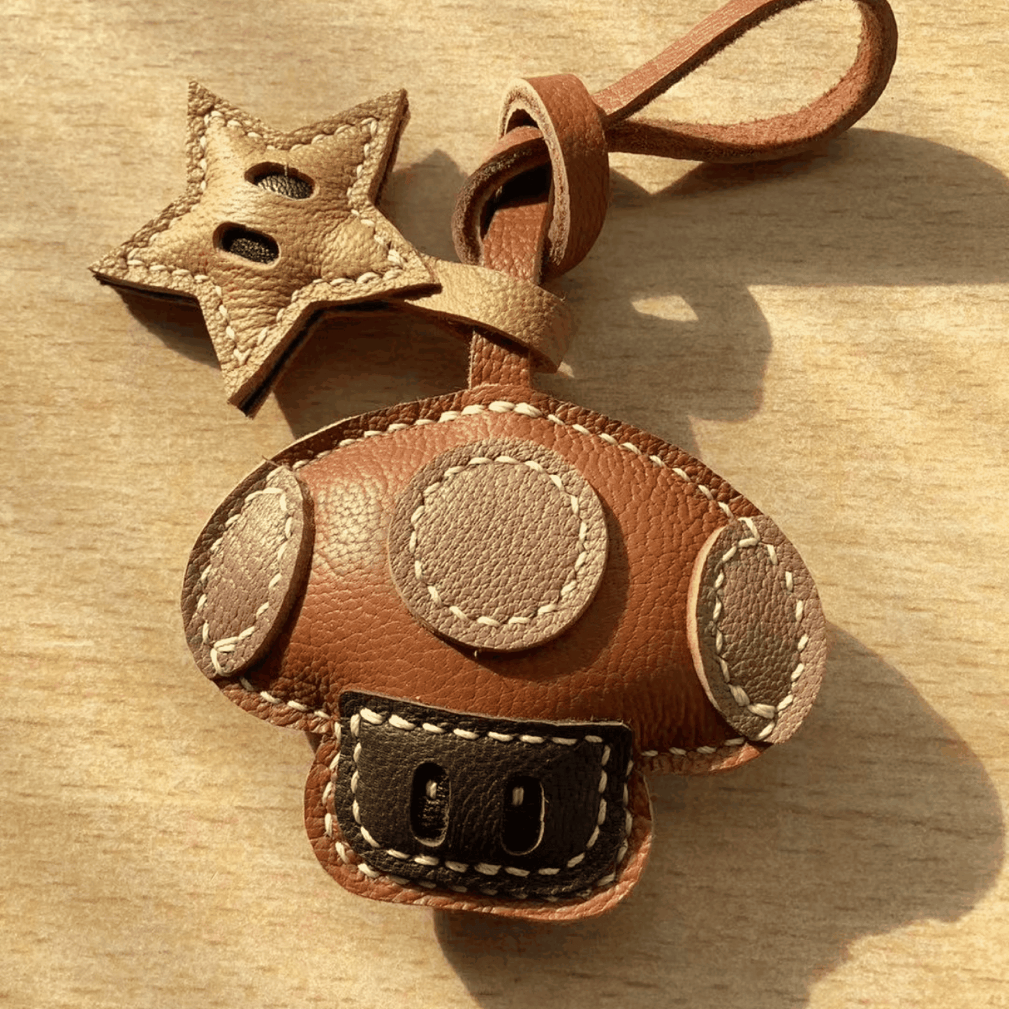 Leather Bag Charm - Brown Retro Game Inspired Mushroom Keychain | WittyWilding