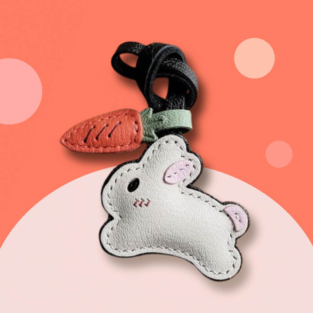Lambskin Leather Bunny Charm - Handmade Rabbit With Carrot Keychain | WittyWilding