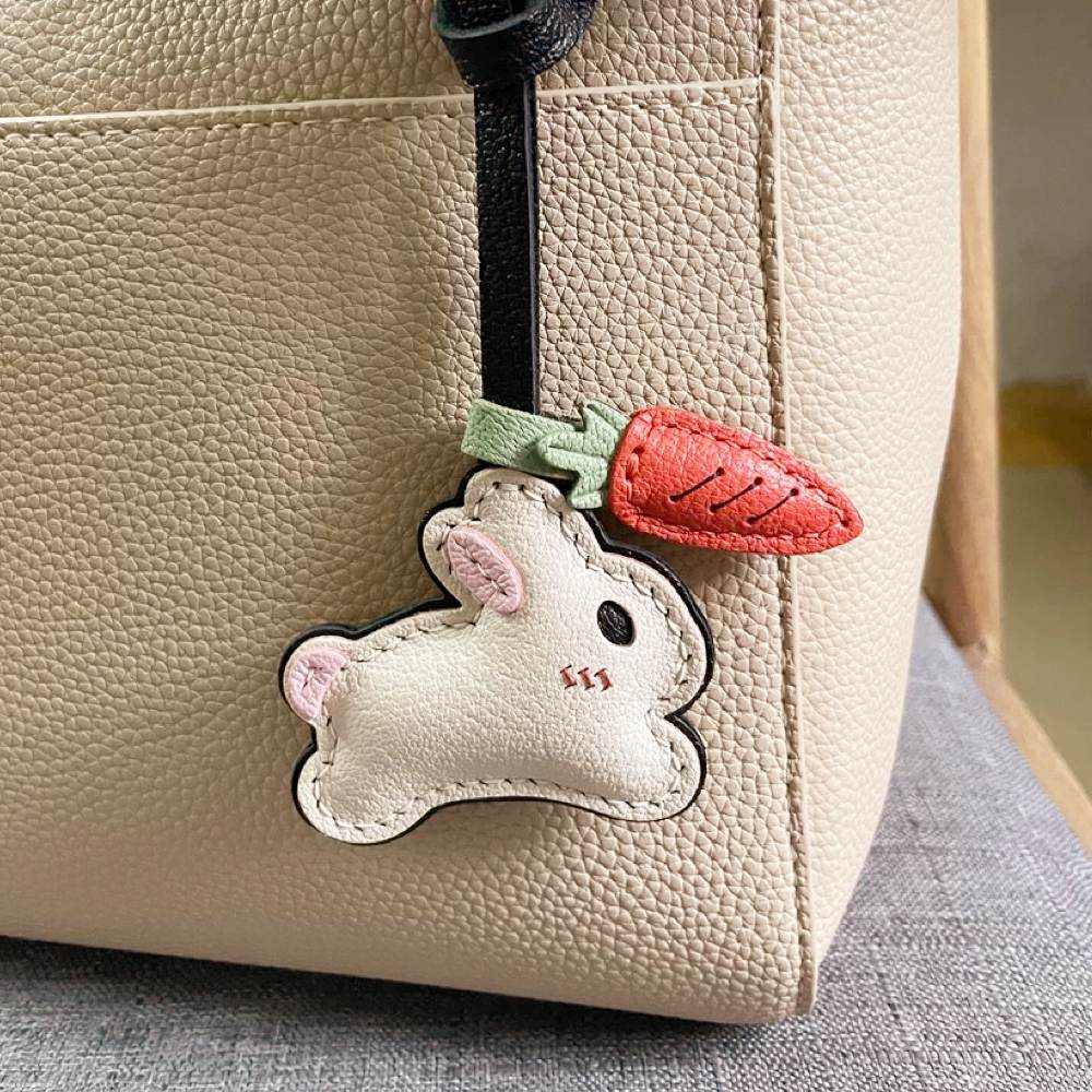 Lambskin Leather Bunny Charm - Handmade Rabbit With Carrot Keychain | WittyWilding