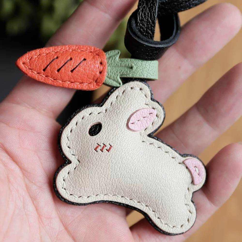 Lambskin Leather Bunny Charm - Handmade Rabbit With Carrot Keychain | WittyWilding