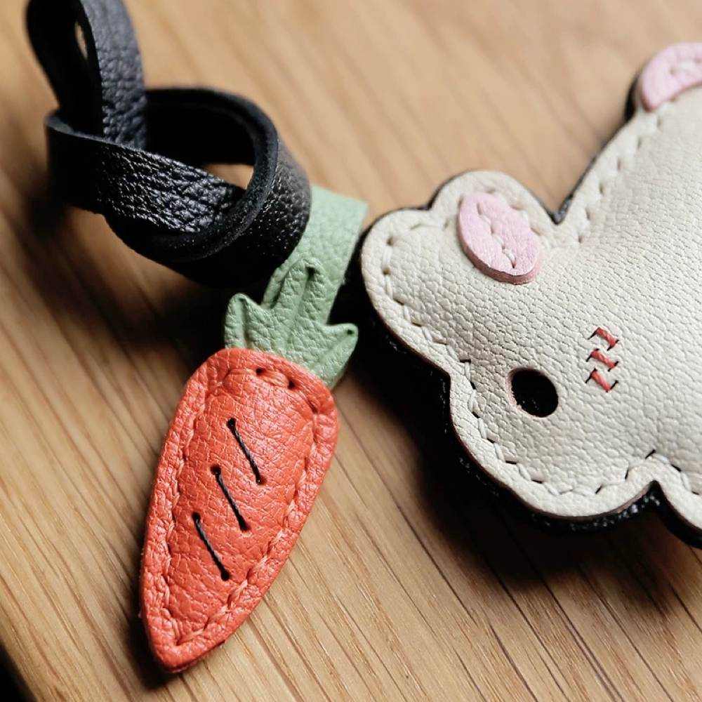 Lambskin Leather Bunny Charm - Handmade Rabbit With Carrot Keychain | WittyWilding