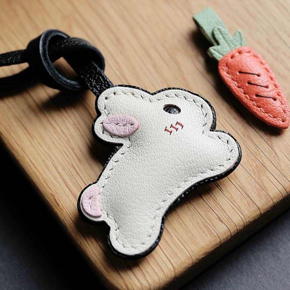Lambskin Leather Bunny Charm - Handmade Rabbit With Carrot Keychain | WittyWilding