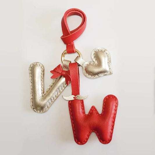 Customized Letter Bag Charm - Leather Alphabet Keychain with Beard & Bowknot | WittyWilding