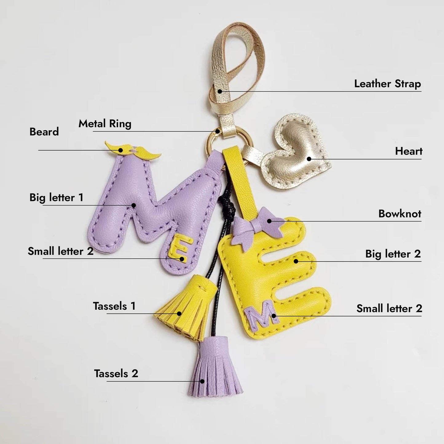 Customized Letter Bag Charm - Leather Alphabet Keychain with Beard & Bowknot | WittyWilding